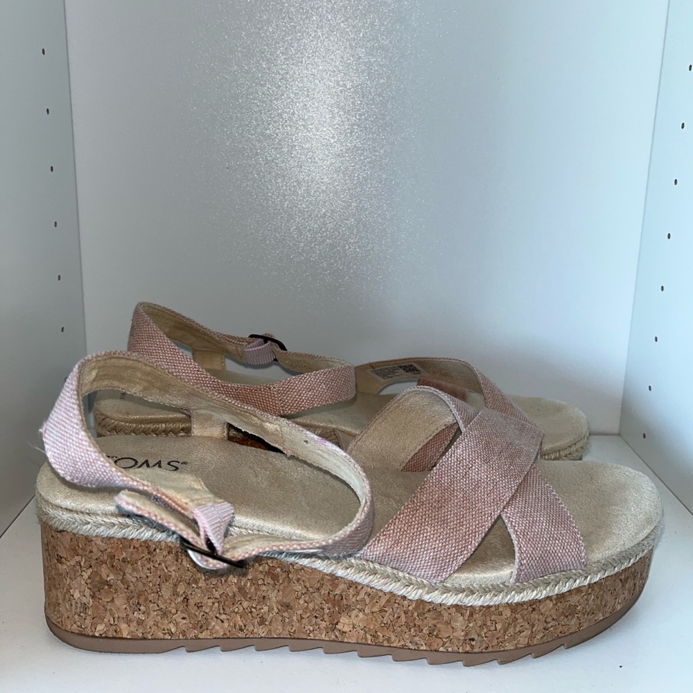 Toms Candice Strappy Cork Platform Sandal Wedge Peach Whip Chambray Canvas 9.5 - Picture 3 of 10